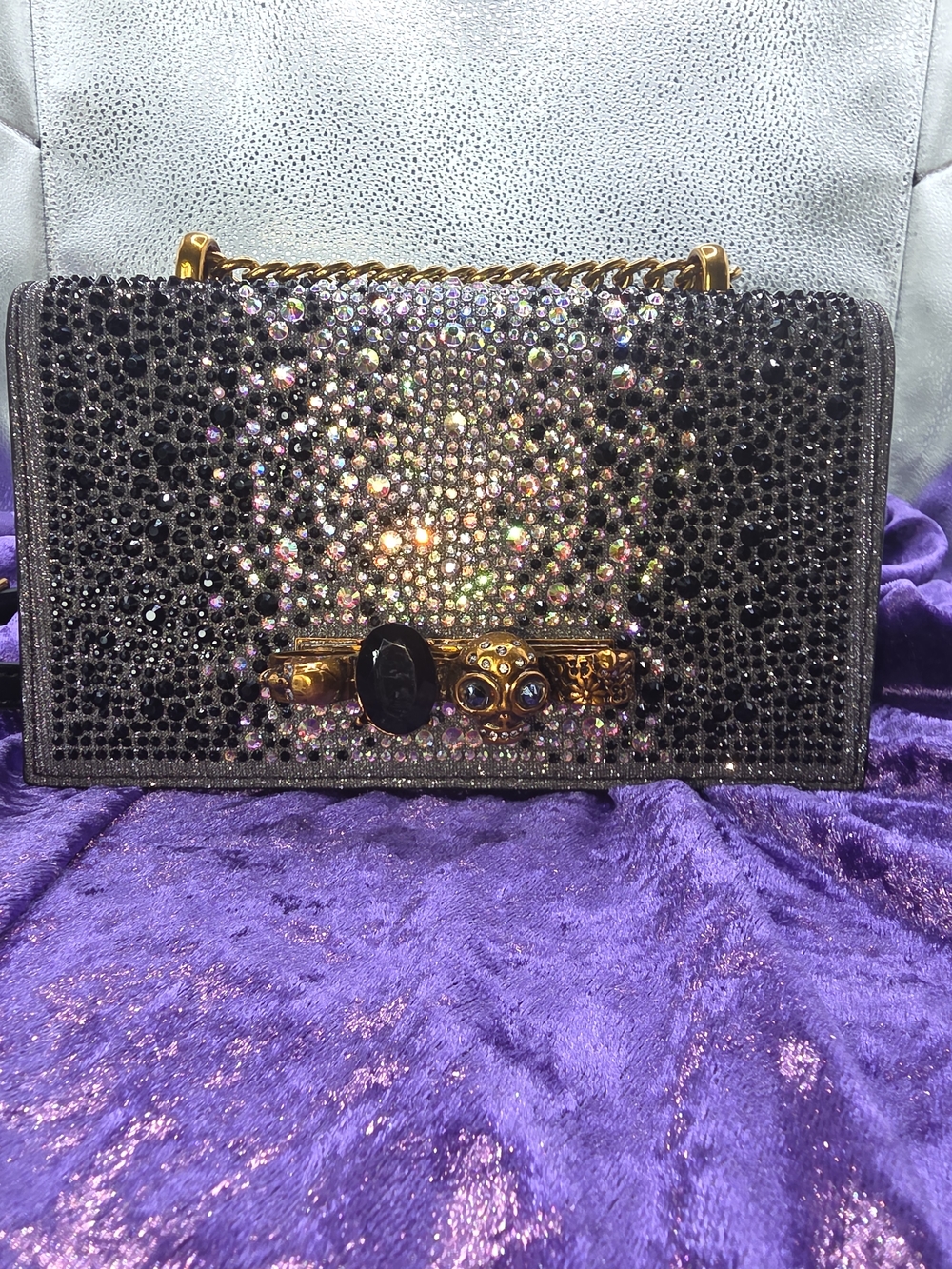 Crystal-Embellished Black Crossbody Bag with Copper Chain